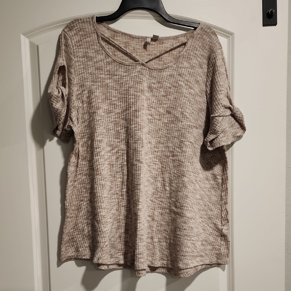 Cato Tan and Brown Twisted Sleeve Blouse Relaxed Fit